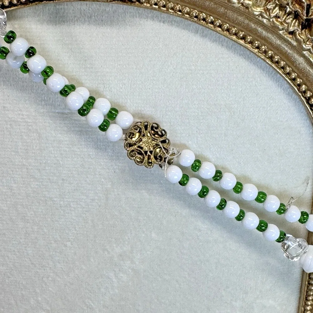 Vintage 2 Strand Green White Beaded‎ Necklace Earrings Set 1950s Costume Jewelry
